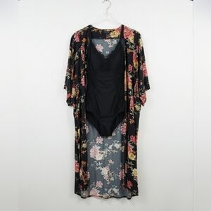 F21 Floral Kimono Duster Swim Cover-Up Boho Festival Beach Long Maxi Black M